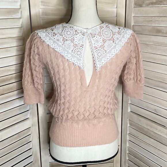 Manoush Ballet Pink Pointelle Open Knit Lace Collar Sweater Mohair S - Picture 5 of 9